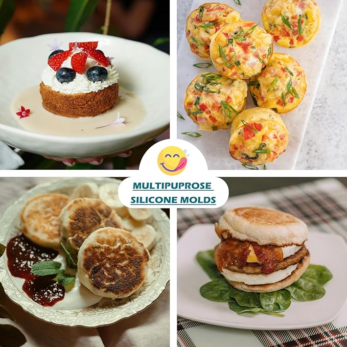 2Pcs Silicone Egg Molds Non-Stick 3.15 Inch Round Muffin Top Baking Pans, Round Silicone Molds for Egg Bites, English Muffin, Breakfast Sandwiches, Pies, Pancakes