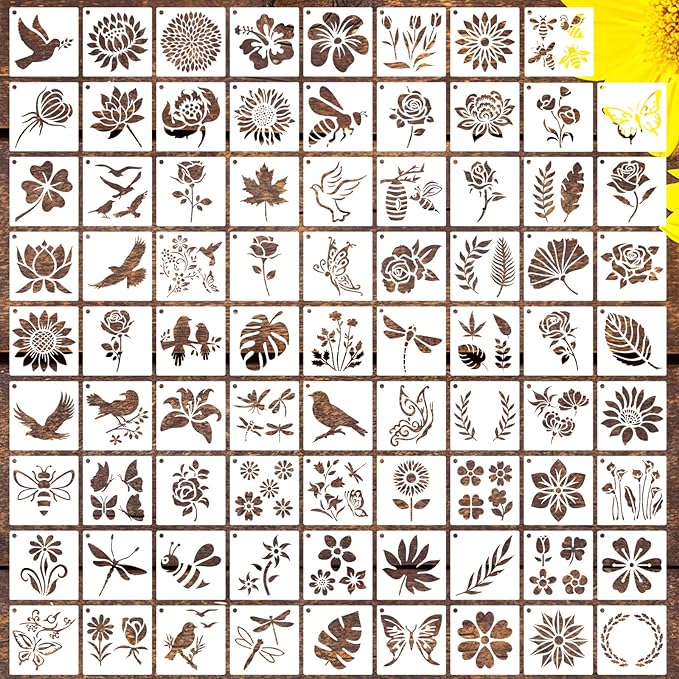 80 Pcs 4 x 4 Inch Stencils for Painting on Wood, Reusable Flower Butterfly Bird Bee Plastic Stencils DIY Craft Paint Template Set for Wall Home Decor