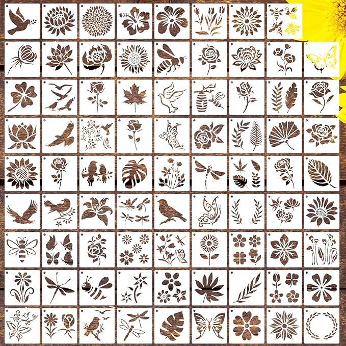 80 Pcs 6 x 6 Inch Stencils for Painting on Wood, Reusable Flower Butterfly Bird Bee Plastic Stencils DIY Craft Paint Template Set for Wall Home Decor