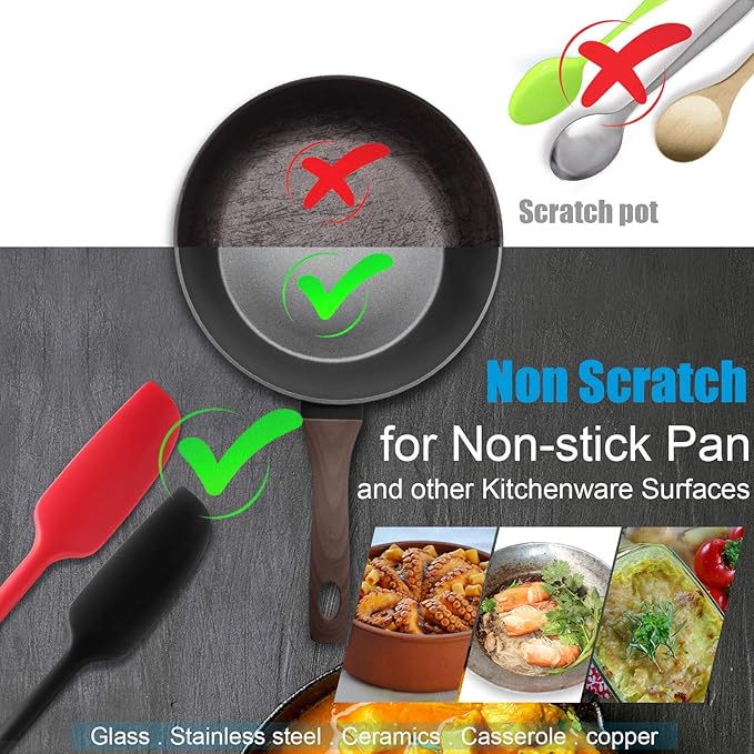 Patelai 2 Pieces Silicone Jar Spatula Long Handle Non-stick Rubber Scraper Heat Resistant Spatula Silicone Scraper for Jars, Smoothies, Blenders Cooking Baking Stirring Mixing Tools (Red,Black)