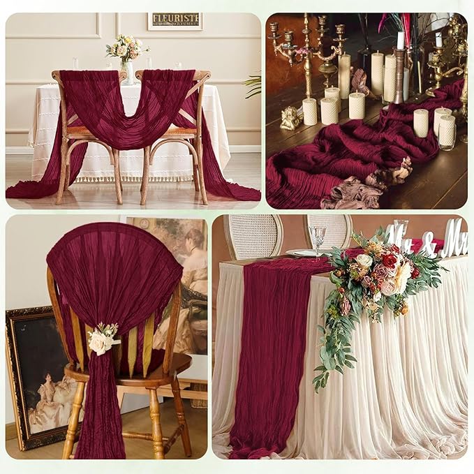 6 Pack Burgundy Cheesecloth Table Runner 17x108 Inch Semi Sheer Boho Gauze Cheese Cloth Fabric Table Runners, for Wedding Party Baby Shower Birthday Home Decor Garden Farmhouse