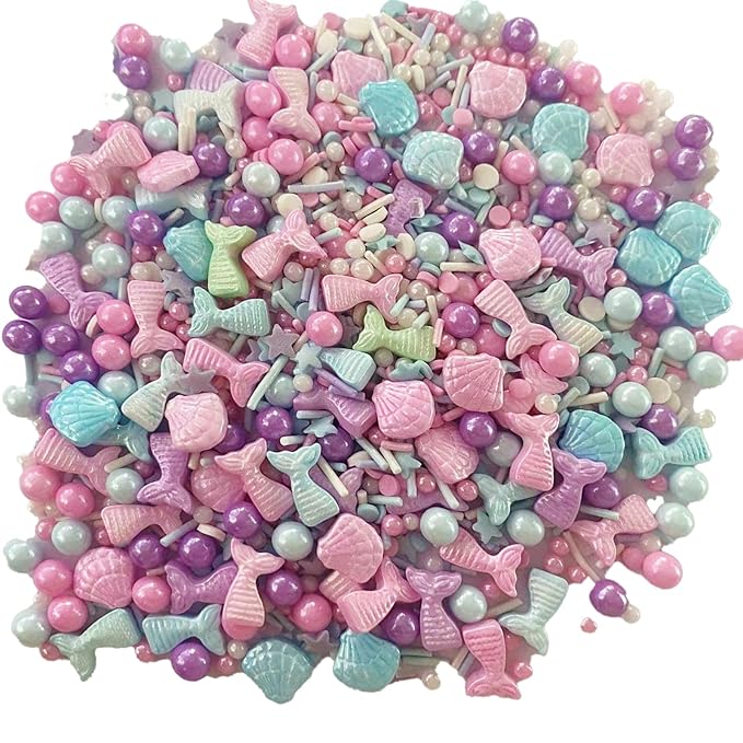 Sentovac Multicolor Mermaid Sprinkle Edible Decorating Ocean Sprinkles for Cake Cupcake Topper Cookie Baking Decorations Starfish Shell Pearl Mermaid Candy Mix Mermaid Party Birthday Cake Decorations