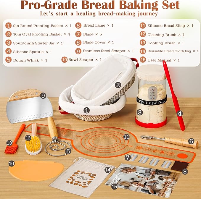 Sourdough Starter Kit with 9" Round & 10" Oval Banneton Proofing Basket and 37oz Starter Jar - Beginner-Friendly Sourdough Bread Baking Supplies and Baking Gifts for Women, Men Bakers