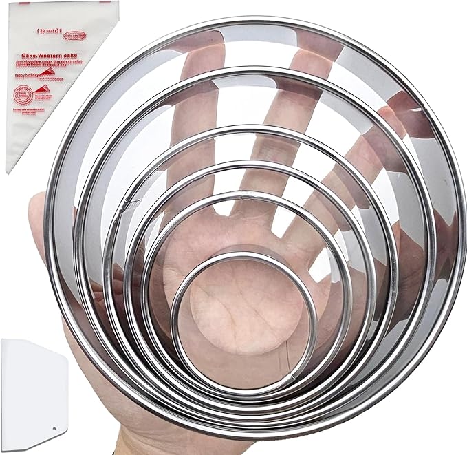 8Pcs Round Cookie Cutter Set,6 Stainless Circle Cookie Cutter(2/3/3.5/4/5/6 Inch) with Hard Flexible Plastic Dough Scrapers and 10 Piping Bags, Biscuit Cutters for Baking Cookies, Pastries and Donuts