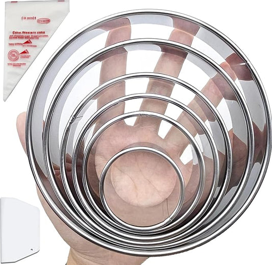 8Pcs Round Cookie Cutter Set,6 Stainless Circle Cookie Cutter(2/3/3.5/4/5/6 Inch) with Hard Flexible Plastic Dough Scrapers and 10 Piping Bags, Biscuit Cutters for Baking Cookies, Pastries and Donuts