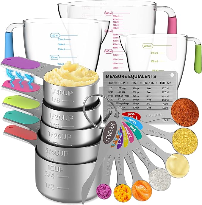 Stainless Steel Measuring Cups and Spoons Set of 20, 7 Nesting Measuring Cups, 7 Spoons & 1 Leveler, 5 Mini Spoons, Kitchen Gadgets for Cooking & Baking