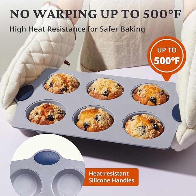 BRONYPRO 2-Pack 6-Cup Non Toxic Nonstick Ceramic Jumbo Muffin Pan & Cupcake Tin, PFOA & PFOA Free, Heavy Duty Rust-Resistant Aluminized Steel, Oven & Dishwasher Safe, Blue