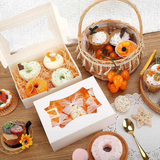 TOMNK 50pcs Cookie Boxes with Window, 8x6x2.5 Inches 2 Style Window Bakery Boxes for Treats, Chocolate Covered Strawberries, Muffins, Donuts