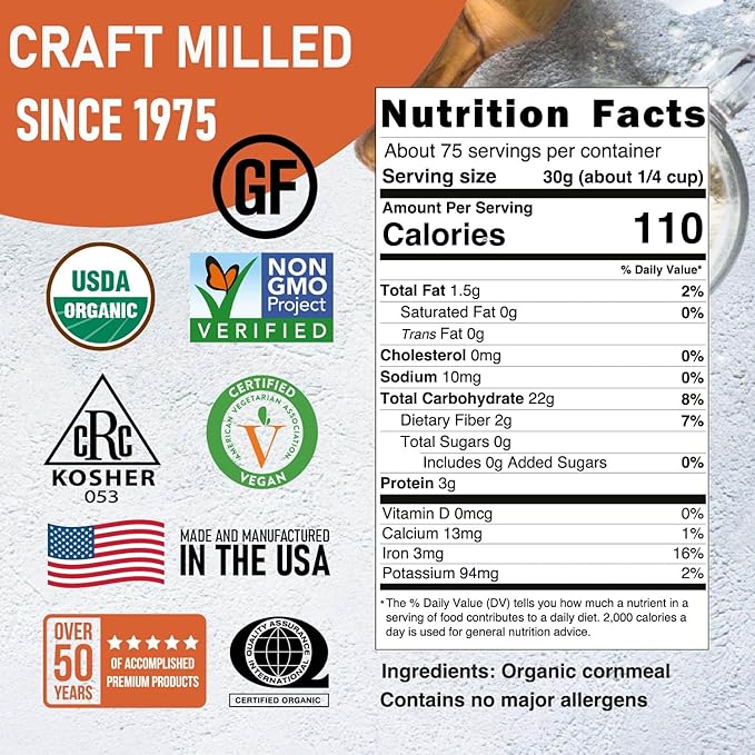 Great River Milling Organic Medium Grind Cornmeal | USDA Organic, Gluten Free, Non-GMO, Kosher | Hearty Texture for Cornbread, Polenta, Muffins, Pancakes & Baking | 5 Lb