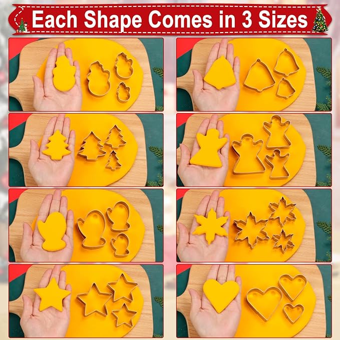 Lezmarket Christmas Cookie Cutters, 24Pcs 8Shapes Winter Holiday Cookie Cutter Set in 3Sizes, Stainless Steel Metal Cookie Cutter- Snowman, Christmas Tree, Snowflake, Angel, Star, Heart, Bells