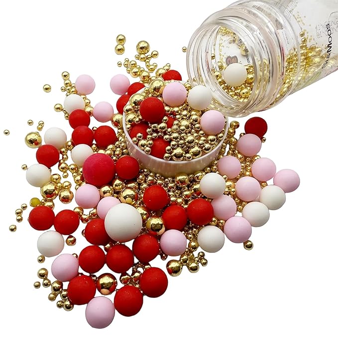 SE Si&Moos Red White and Pink Pearl Sprinkles Valentine Cupcake Sprinkles Edible Red and Gold Pearls for Cake Decorating Pink and White Pearls for Cakes Edible Pearl Cake Decorations Baby Shower Valentine Party Holiday Christmas Supplies 3 OZ