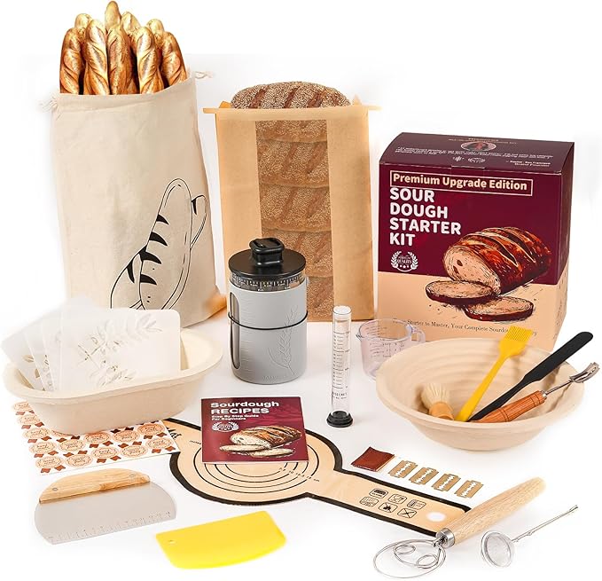 Sourdough Starter Kit with Aliquot Jar, Wood Pulp Round & Oval Bannetons & 34 oz Sourdough Starter Jar & Bread Sling Scrapers & Bag Complete Sourdough Baking Supplies