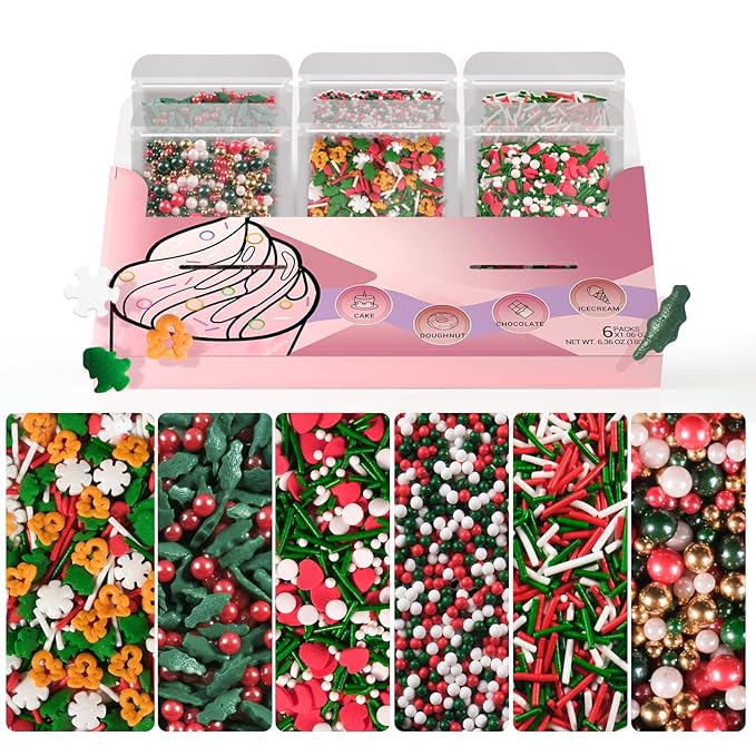 HUEBEATY 6-in-1 Christmas Gingerbread Sprinkles for Cookies Baking - 180g Red and Green Nonpareils, Jimmies, Red Heart, Holly Confetti, Holiday Santa Sprinkles Bulk for Cakes, Cupcakes, Hot Chocolate Decorating
