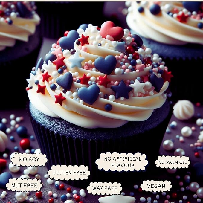 Confect Cake Mate Edible Sprinkles – Red, White, Blue & Silver Pearl & Star Dragees– Cake and Cupcake Decorating Toppings for Cookies & Ice Cream | Vegan, Gluten-Free, Soy-Free, Dairy-Free, Palm Oil-Free- 4.2 Oz