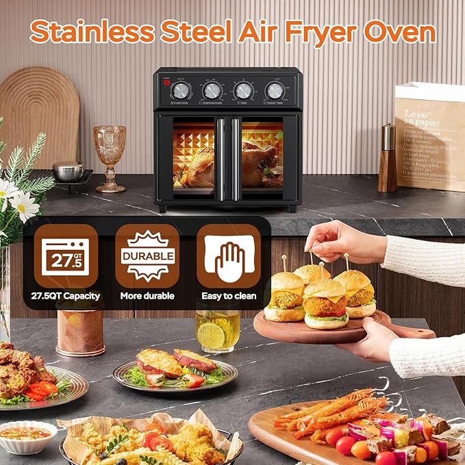 PlumChef 27.5 Quart Extra Large 6 Slices Air Fryer Convection Toaster Oven, French Door, 1700W, Multifunction Oven for Air Fryer, Toast, Grill, Defrost, Bake, Time and Temperature Controls, Black