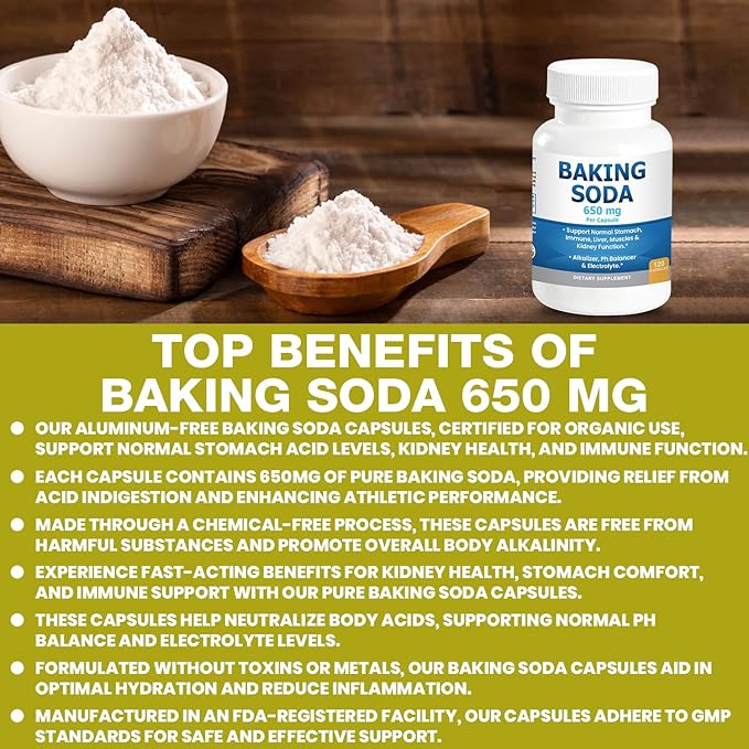 Natural Baking Soda Capsules - 650mg Baking Soda Tablets for Kidney & Stomach Acid - Sodium Bicarbonate Pills, Bicarbonate of Soda, Bicarbonato de Sodio para Tomar, Sodium Bicarbonate 650 mg 2-Pack