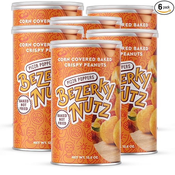 Bezerky Cracker Nuts | Pizza Popper | Corn Coated Peanuts | Crunchy Savory Snacking | Great for On the Go | Baked Peanut Balls | 12.5oz (Pack of 6)