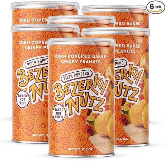 Bezerky Cracker Nuts | Pizza Popper | Corn Coated Peanuts | Crunchy Savory Snacking | Great for On the Go | Baked Peanut Balls | 12.5oz (Pack of 6)