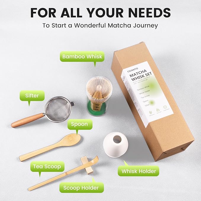 COANTO Matcha Whisk Set - Includes Sifter Bamboo Whisk (Chasen), Tea Spoon, Spoon Holder, Scoop and Green Whisk Holder, 6pcs (No Bowl Included)