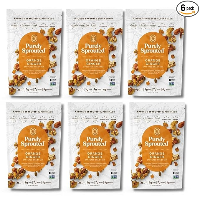 Purely Sprouted Orange Ginger Sprouted Snack Mix with Almond, Cashew Nuts & Pumpkin Seeds – Grain and Gluten Free, Vegan – Ideal for On-the-Go, 4oz, 6 pack