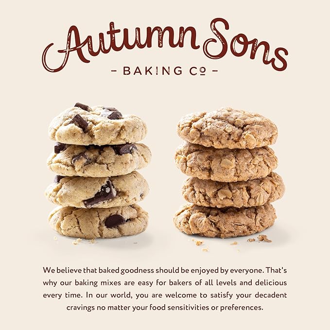 Autumn Sons Baking Co. Gluten Free Chocolate Chunk & Oatmeal Cinnamon Cookie Mix Combo Pack. Vegan Plant Based Baking Mix. Top 9 Allergen Free. 9.3 oz (Pack of 2)