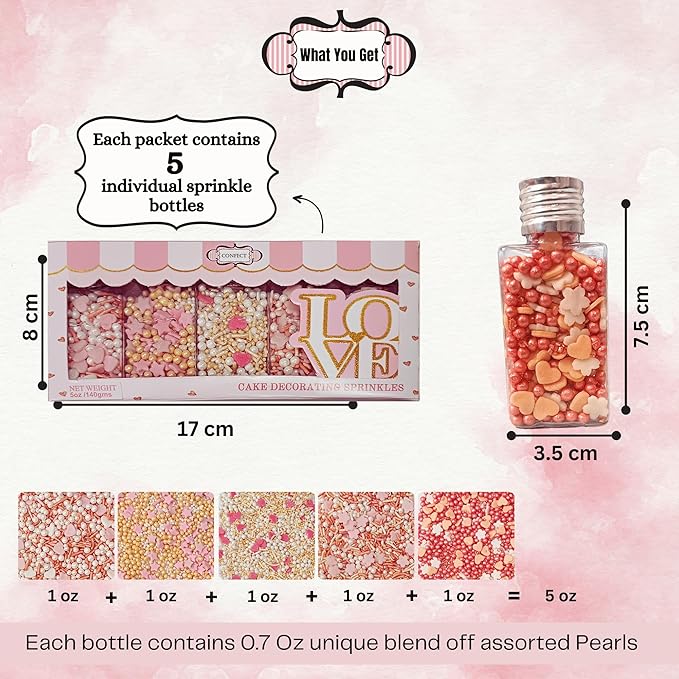 Confect Valentine’s Day Edible Sprinkles Mix – Gold, White & Pink Pearls with Stars & Hearts – Decorative Baking Sprinkles for Cakes, Cupcakes, Cookies & Birthdays- Vegan, Gluten-Free, Nut-Free, Soy-Free, Dairy-Free, Palm Oil-Free -5 Oz