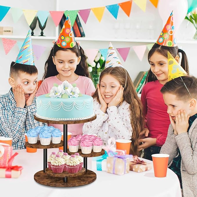 ELITEROO 4 Tier Round Cupcake Tower Stand for 50 Cupcakes, 360° Rotating Wood Cake Stand with Tiered Trays, Farmhouse Cookie Stand for Dessert Table Display for Wedding Birthday Baby Shower Tea Party