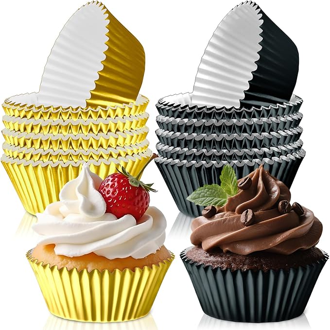 200PCS Black and Gold Cupcake Liners Mini Muffin Baking Cups Wrappers for Retirement Birthday Party Supplies Disposable Cupcake Papers for Black Golden Masquerade Party Decorations