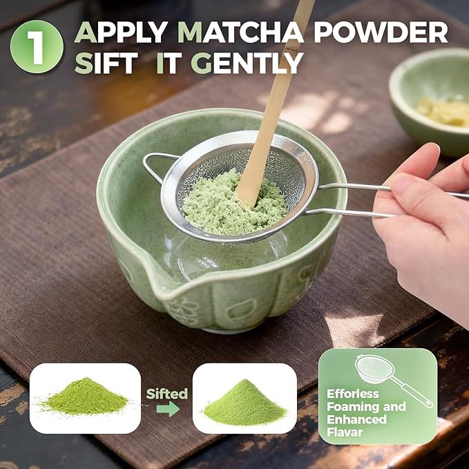 Matcha Whisk Set-5pcs, 16OZ Japanese Tea Set Includes Matcha Bowl with Spout, Bamboo Whisk with Ceramic Holder, Bamboo Scoop and Stainless Steel Sifter