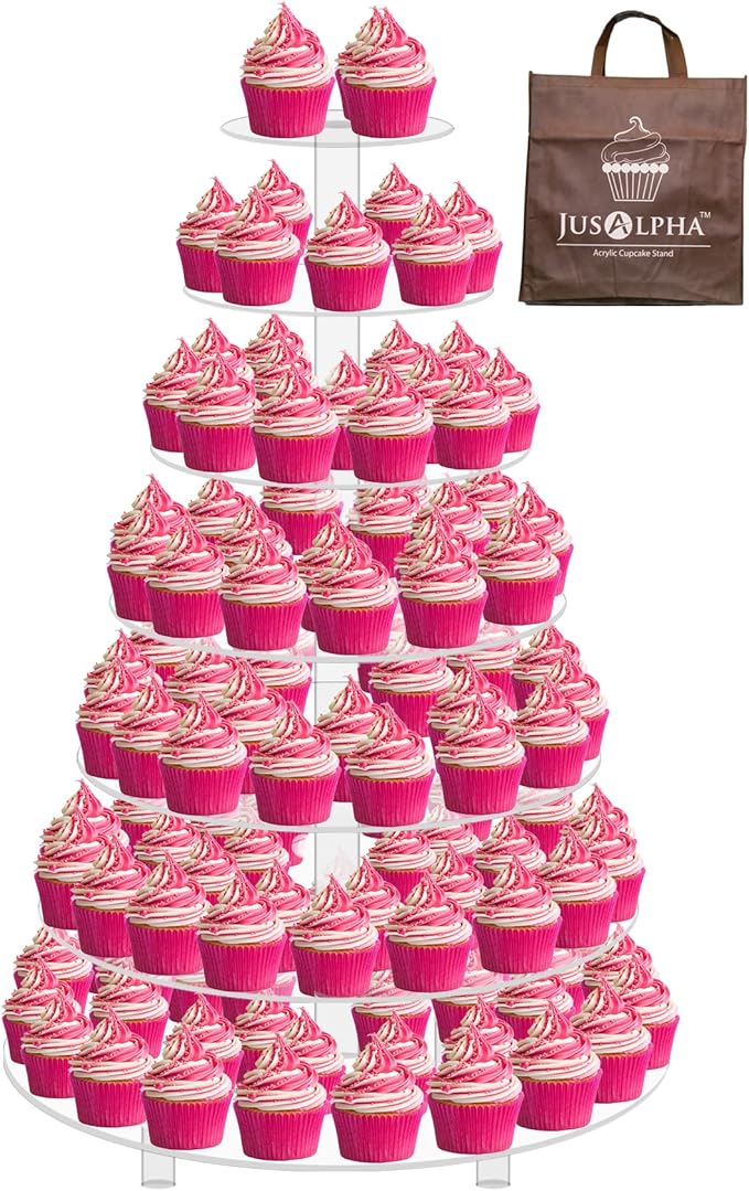Jusalpha Large 7 Tier Acrylic Round Wedding Cake Stand Dessert Stand Pastry Serving Platter-Food Display Stand For Large Event (With Rod Feet Base) (7RF)