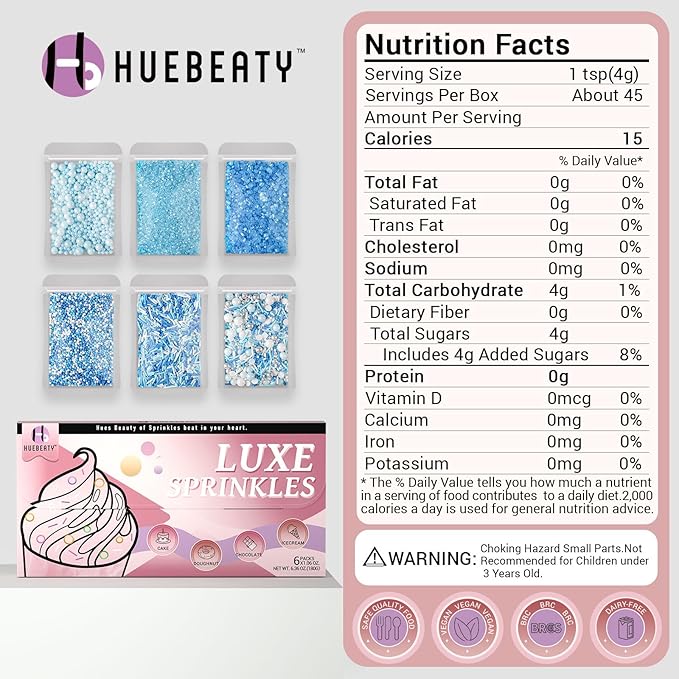 HUEBEATY 6-in-1 Blue and White Sprinkles for Cake Decorating – 180g/6.36oz Edible Baby Shower, Hanukkah, Frozen & Winter Sprinkles with Baby Blue Sugar, Nonpareils, Pearls & Jimmies for Cupcakes, Cookies, Ice Cream