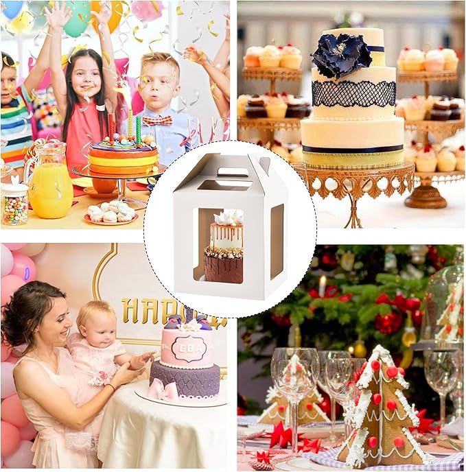 Tall Cake Boxes 6 Windows with handle, In 2 Size 10x10x10&12x12x12inch Cake Boxes for 12" & 14" Tiered Cakes,Square Cake Carrier,largeTake Out Transport Containers(2Pcs-White)