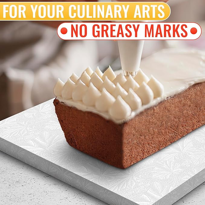 Cake Board Rectangle 13.8" x 9.9" – Grease-Proof Foil, Sturdy Rectangle Cake Boards with Double-Wall Corrugated Design, Smooth Wrapped Edges – Elegant White Display for Cakes, Pastries, and Desserts