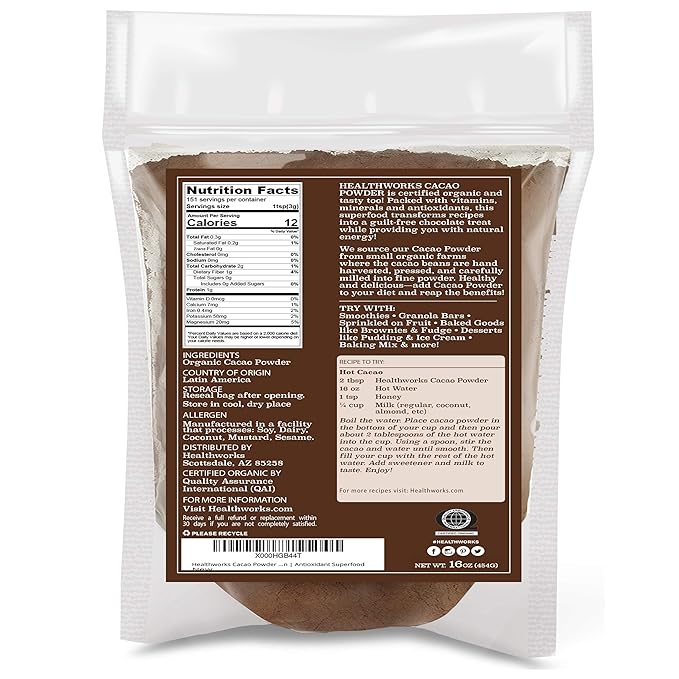 Healthworks Superfoods Organic Cacao Powder - 16 Oz / 1 Lb - Cocoa Chocolate Substitute - Rich Choclate Flavour - Sugar-Free, Keto, Vegan & Non-GMO - Peruvian Bean/Nut Origin - Antioxidant Superfood