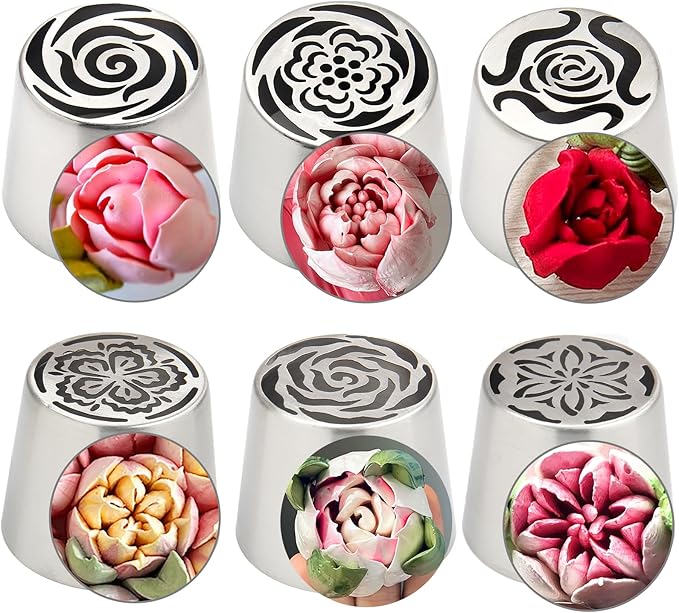 Extra Large Russian Piping Tip Set - 6 Stainless Steel Marshmallow Buttercream Framing Nozzles for 3D Roses Tulip Cake Decorations and Marshmallow Bouquets(6A)