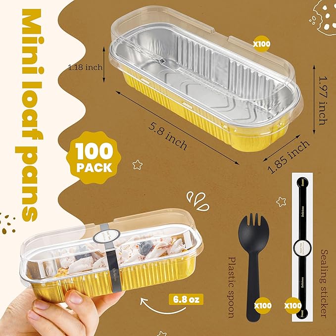 100 PACK Mini Cake Pans with Lids and Spoons, Rectangular Aluminum Foil Bread Pan, Mini Loaf Pans and Food Containers with Lids(Gold, 6.8oz)