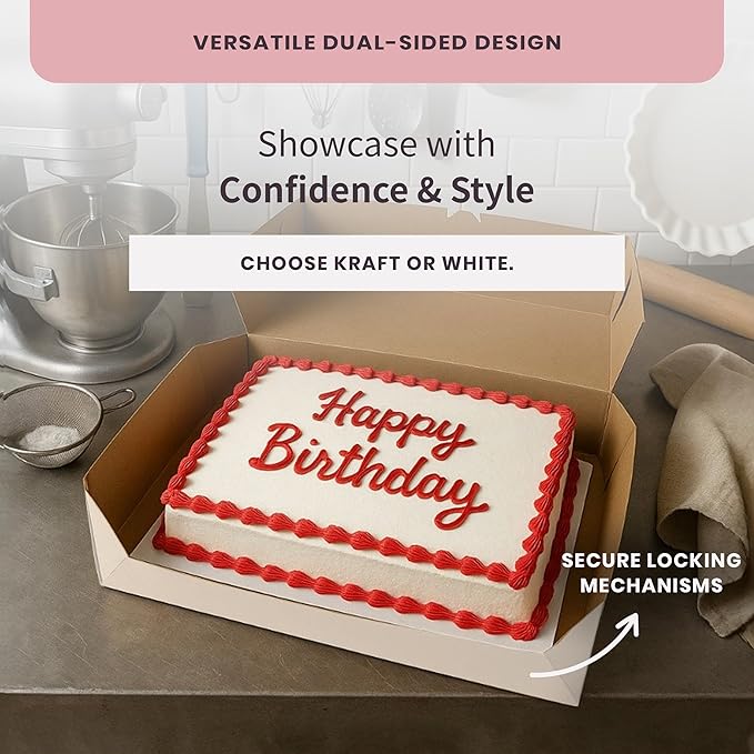 Reversible Bakery Boxes 19 x 14 x 5 in, No Window Lock Corner Sheet Cake and Catering Boxes with Front Tuck Lock & Side Clips, Kraft or White Exterior, Microwavable, 50 Pack