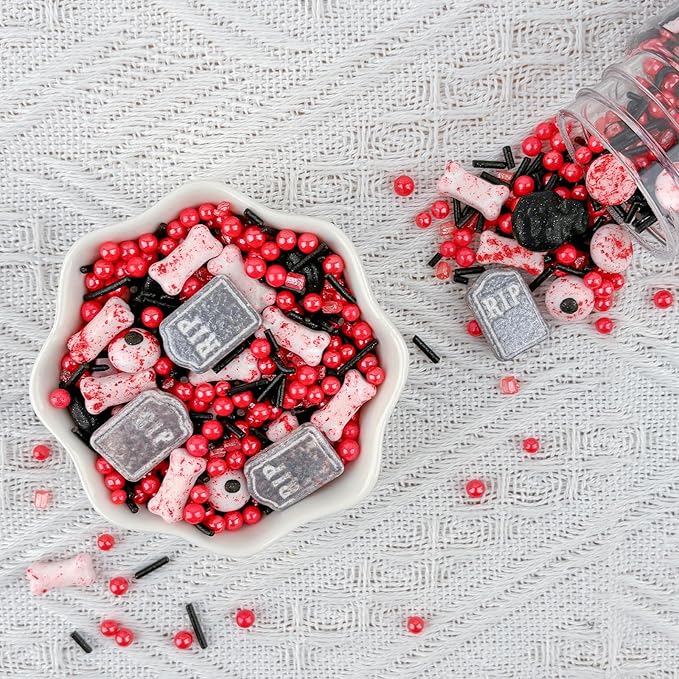 LEBERY Candy Eyeballs Edible Eyes Halloween Sprinkle Skull Dog Bones Sprinkles Candy Eyes Black Red Sprinkle Edible Eyeballs Skull Cake Decorations for Halloween Cake Cupcakes Cookie - 3.35 OZ