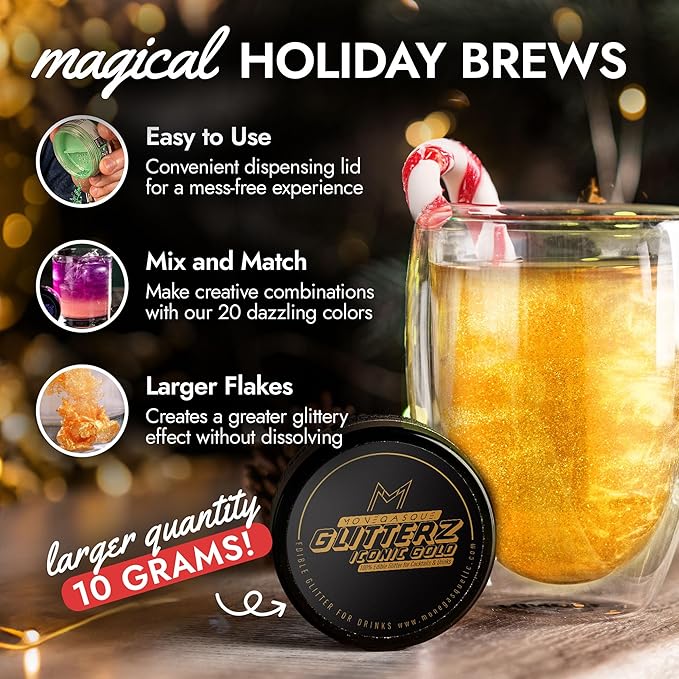 MONÉGASQUE Iconic Gold Edible Glitter for Drinks 10g – Edible Glitter for Cakes & Cocktails – Gold Christmas Sprinkles Spray for Food, Cupcake, & Cake Decorations – Cocktail & Drink Shimmer Powder