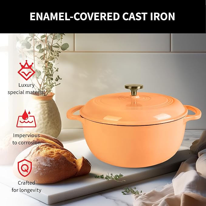 Premium Enameled Cast Iron Dutch Oven for Bread Baking | Non-Stick 5.5QT Oval Bread Oven with Lid | Perfect for Sourdough, Loaf, and Artisan Baking (Round Orange, 5.5 QT)