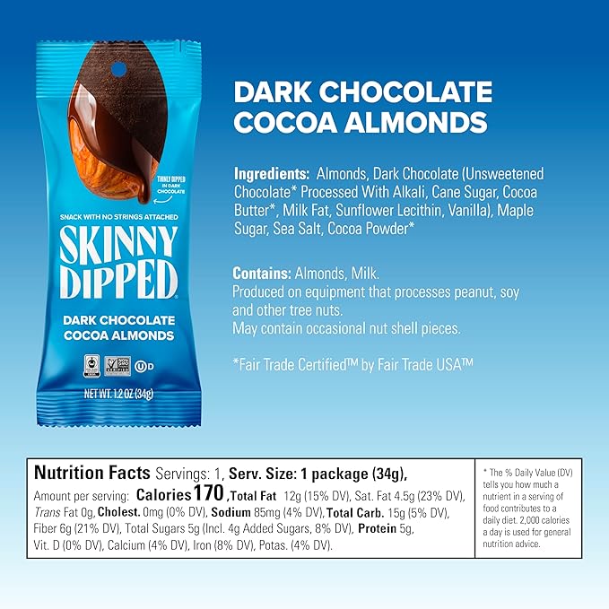 SkinnyDipped Dark Chocolate Cocoa Almonds, Chocolate Covered Almonds, Low Sugar, Gluten Free, Healthy Snack, 1.2 Ounce Bags (Pack of 15)