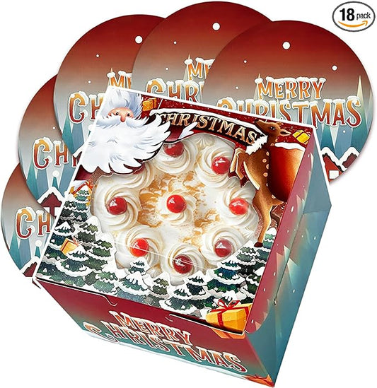 qiqee Christmas 10x10x5 Cake Box, 18 Sets Christmas Cake Box with Window ＆ 18 Sets 10" Christmas Snow House Cake Round Boards, 10inch Cake Containers
