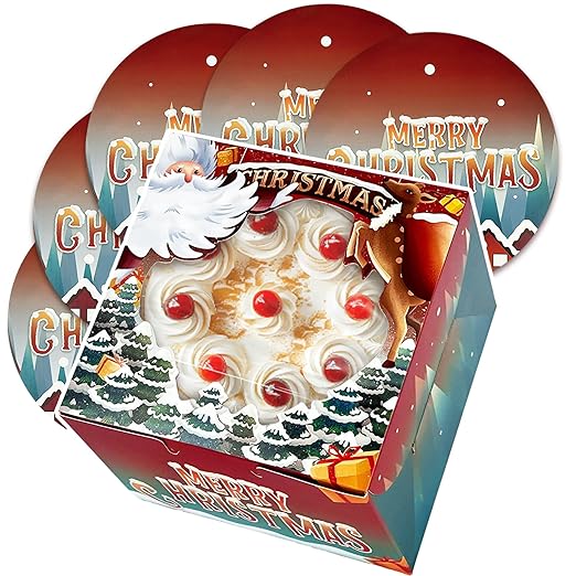qiqee Christmas 10x10x5 Cake Box, 4 Sets Christmas Cake Box with Window ＆ 4 Sets 10 Inch Christmas Snow House Cake Round Boards, 10 Inch Cake Containers