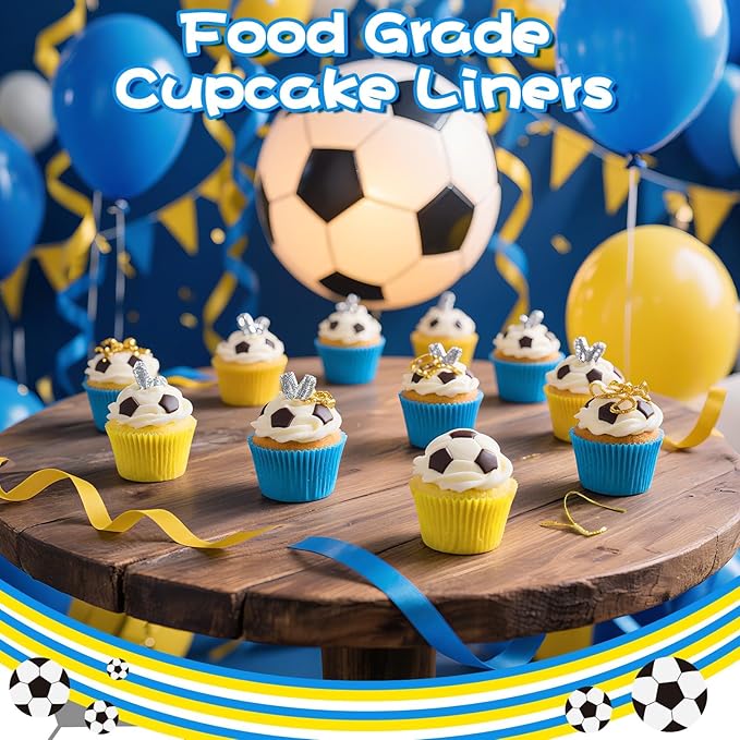 200PCS Blue and Yellow Cupcake Liners Muffin Baking Cups Wrappers for Yellow and Blue Birthday Party Supplies Disposable Pastel Cupcake Papers for Sports Theme Soccer Birthday Party Decorations