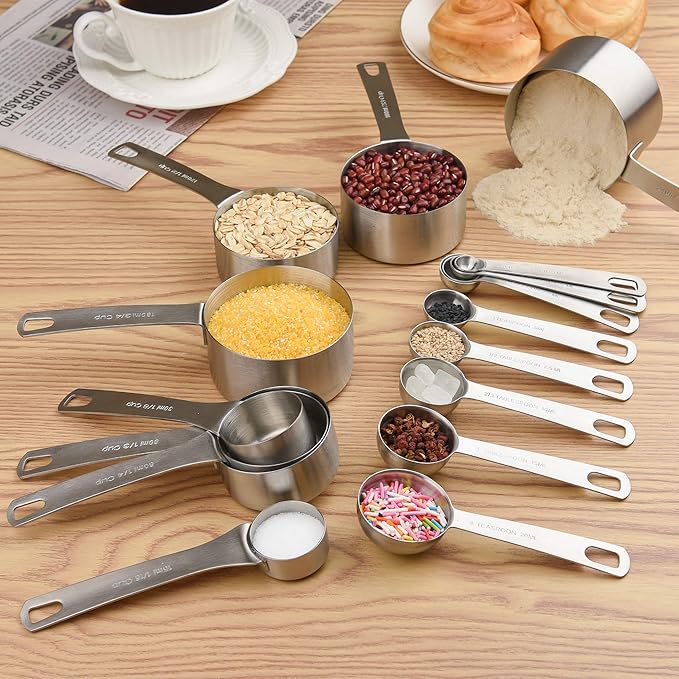 Smithcraft Measuring Cups Set, 18/8 Stainless Steel Measuring Cups and Spoons Set, Metric&US Metal Measuring Cups and Spoons Set for Baking&Kitchen, Heavy Duty 7 Measuring Cups & 8 Spoons With Leveler