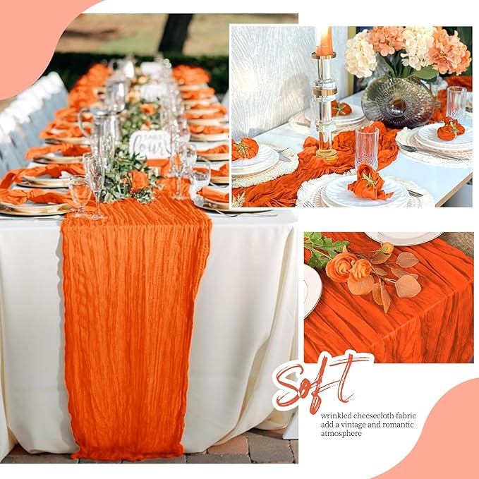 12 Pack Orange Cheesecloth Table Runner 17x108 Inch Semi Sheer Boho Gauze Cheese Cloth Fabric Table Runners, for Wedding Party Baby Shower Birthday Home Decor Garden Farmhouse
