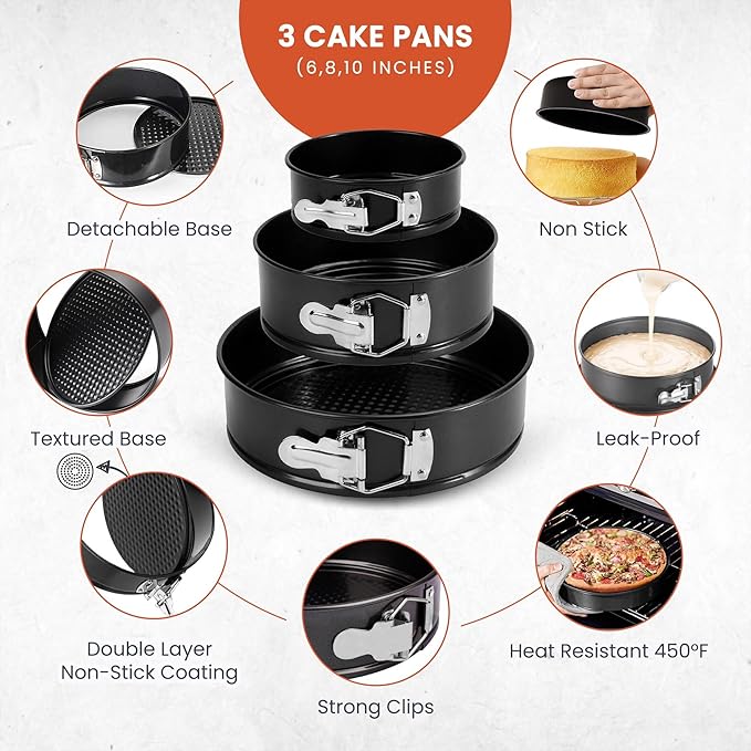 RFAQK Springform Pan Set of 3 - Non-Stick Leakproof Round Cake Pans (6", 8", 10") with 90 Pcs Parchment Paper Liners and Bonus Ebook - Perfect for Cheesecakes, Baking, and More!"
