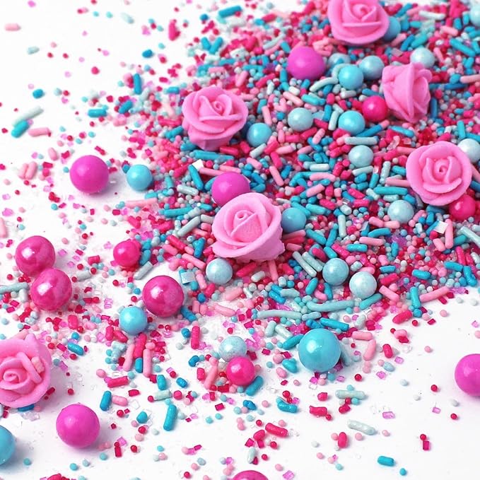 Sprinkle Pop Briar Rose Princess Sprinkle Mix| Pink and Blue Sprinkles with ~12 Hand Piped Royal Icing Roses| Birthday Sprinkles Made in USA for Decorating Cake Cupcakes Donuts Cookies Ice Cream, 4oz