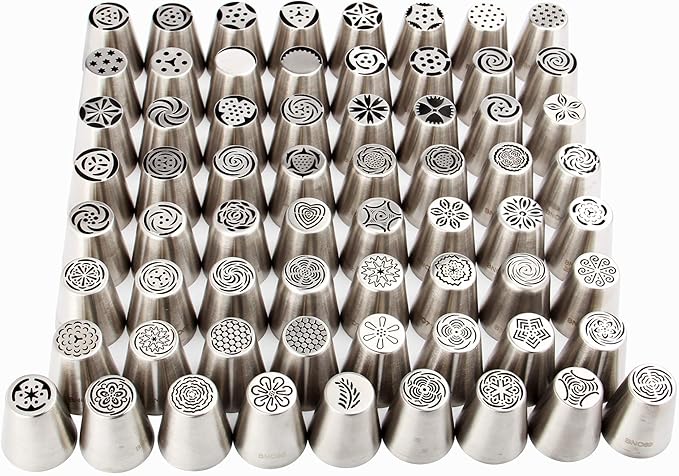 65 Pieces Stainless Steel Large Russian Piping Tips Kit,1 Cleaning Brush,2 Plastic Coupler,2 Leaf Icing Tip,10 Pastry Bags,Cupcake Dessert Baking Tools for Cake Decorations