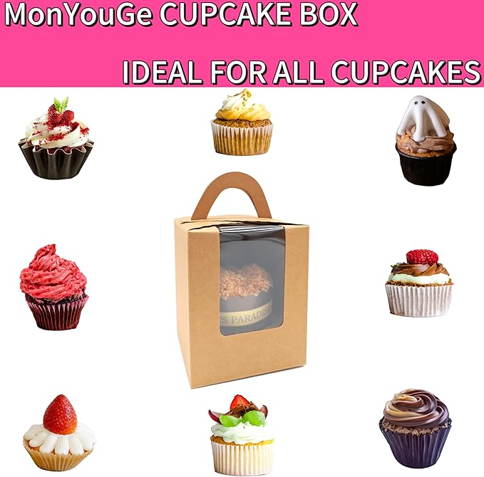 50-Set Individual Cupcake Boxes Bulk with Clear Display Window, Disposable Food Grade Kraft Cupcake Carrier Cupcake Container, Perfect for Cupcakes Muffins Cookies Pastries